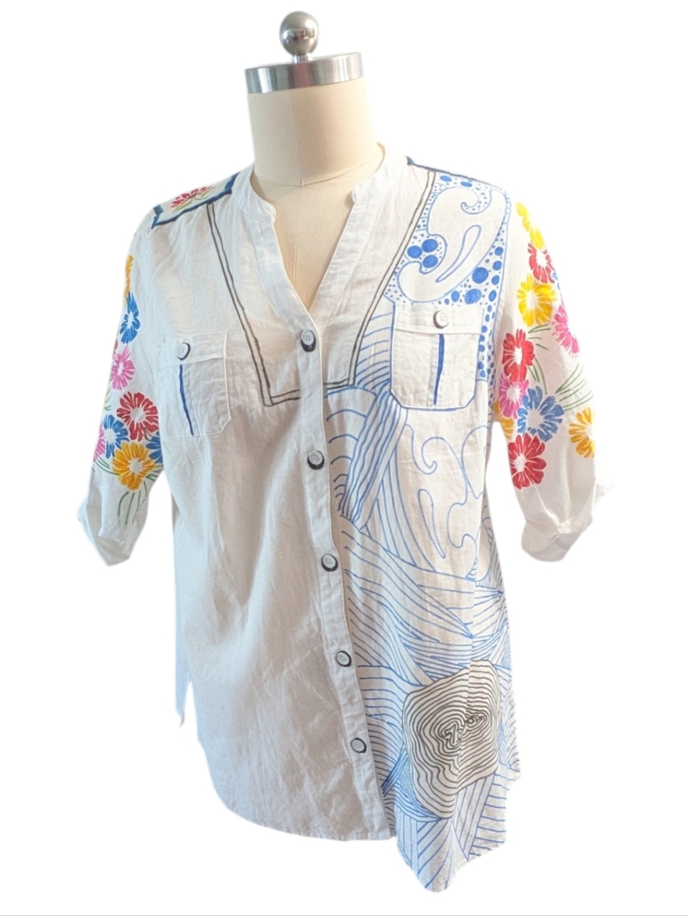 Lane Bryant Embellished Floral Graphic Linen Button Down Shirt OOAK 22/24 - Picture 2 of 12